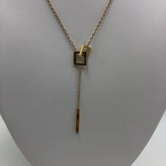 18K Gold Plated Women's Dual Interlocking Square Charm Dangle Necklace Harmony - Picture 6 of 12